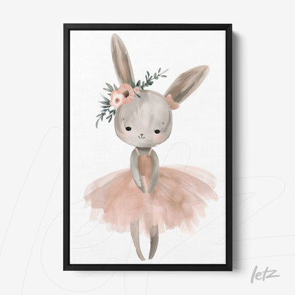 framed children's art of a bunny wearing a pink tutu and a flower on its ear