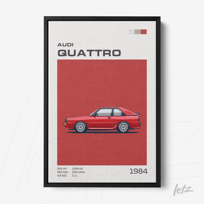 framed art featuring the 1984 Audi Quattro illustration in black frame, with a red background and white graphic details