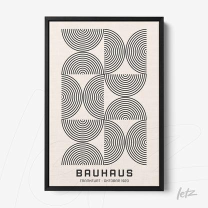 black and white geometric art with concentric circles in black frame
