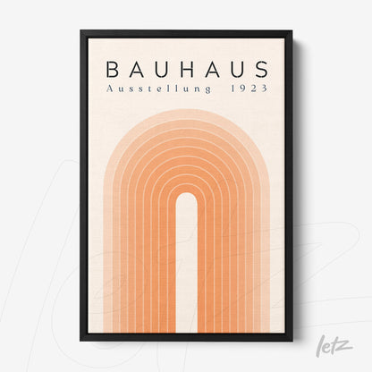 poster featuring geometric arch design in orange tones with bauhaus ausstellung 1923 text black frame