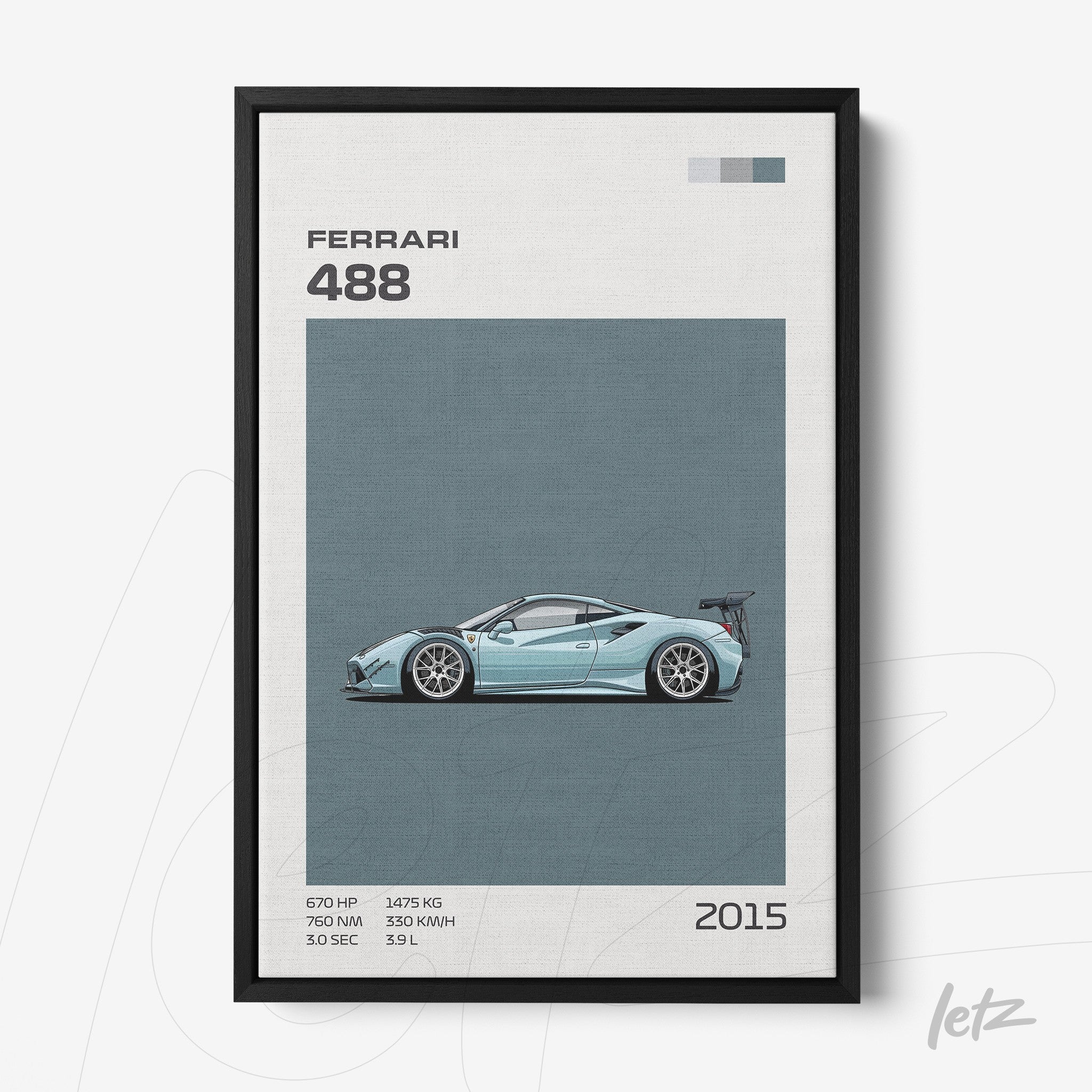 framed artwork featuring a sports car illustration of Ferrari 488 with a black frame and light blue background