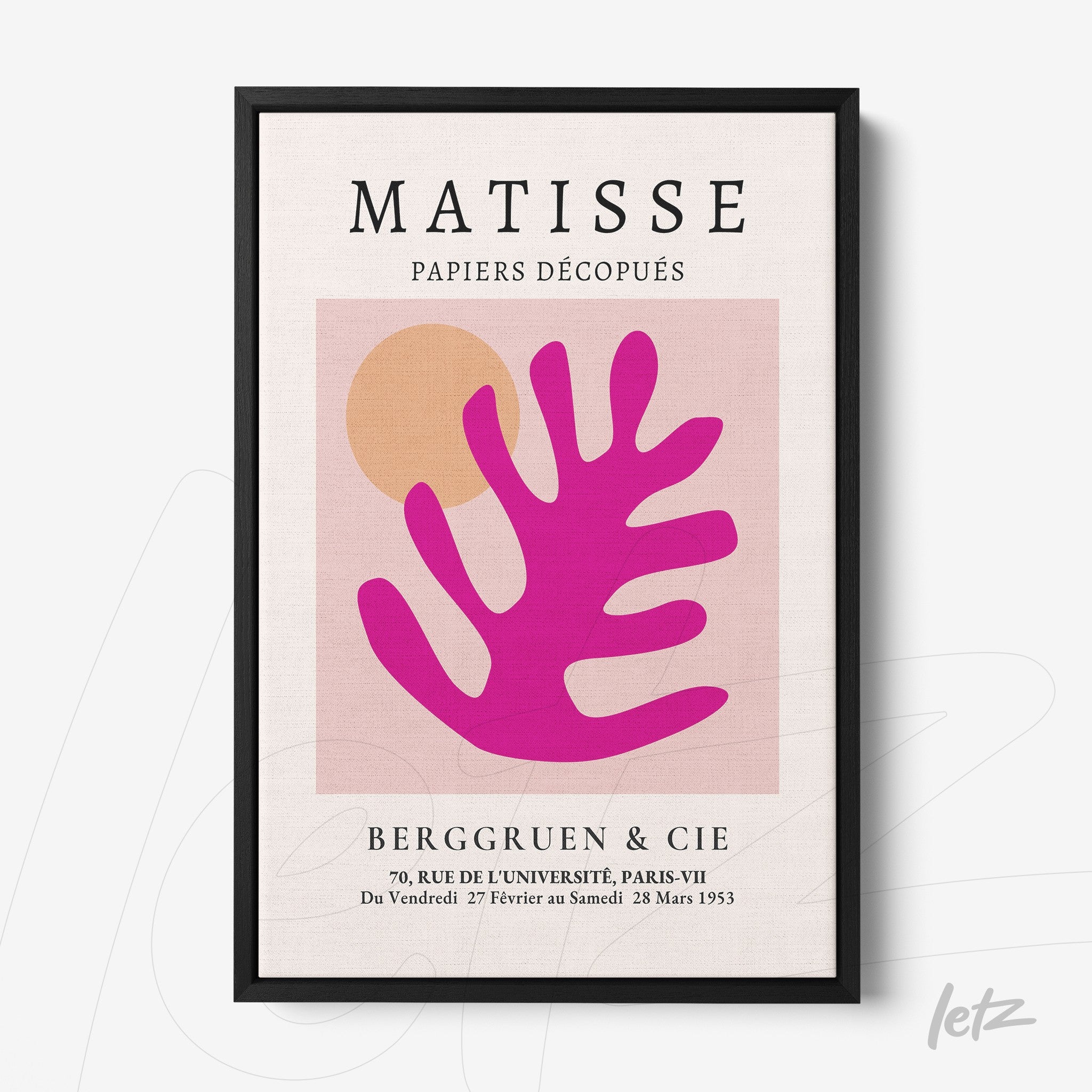 framed modern art piece showcasing a pink leaf design on a light background with geometric shapes