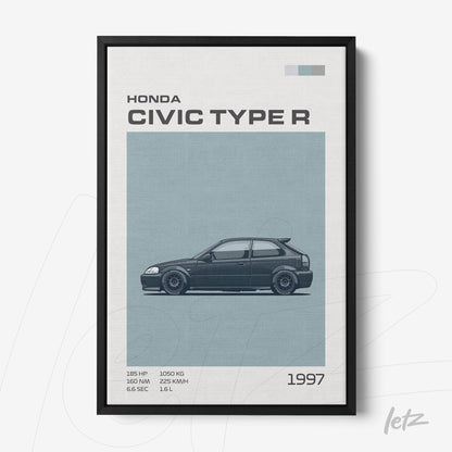 framed artwork featuring a minimalist illustration of a 1997 Honda Civic Type R with black frame