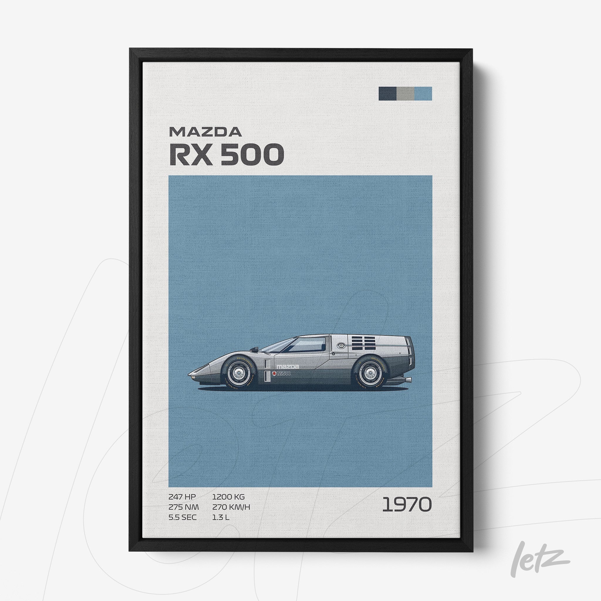 framed artwork featuring a stylized illustration of Mazda RX 500 car with black frame, set against a blue background with detailed text
