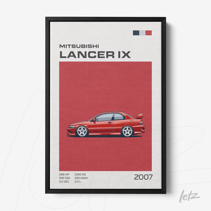 framed wall art featuring Mitsubishi Lancer IX illustration on red background with black frame