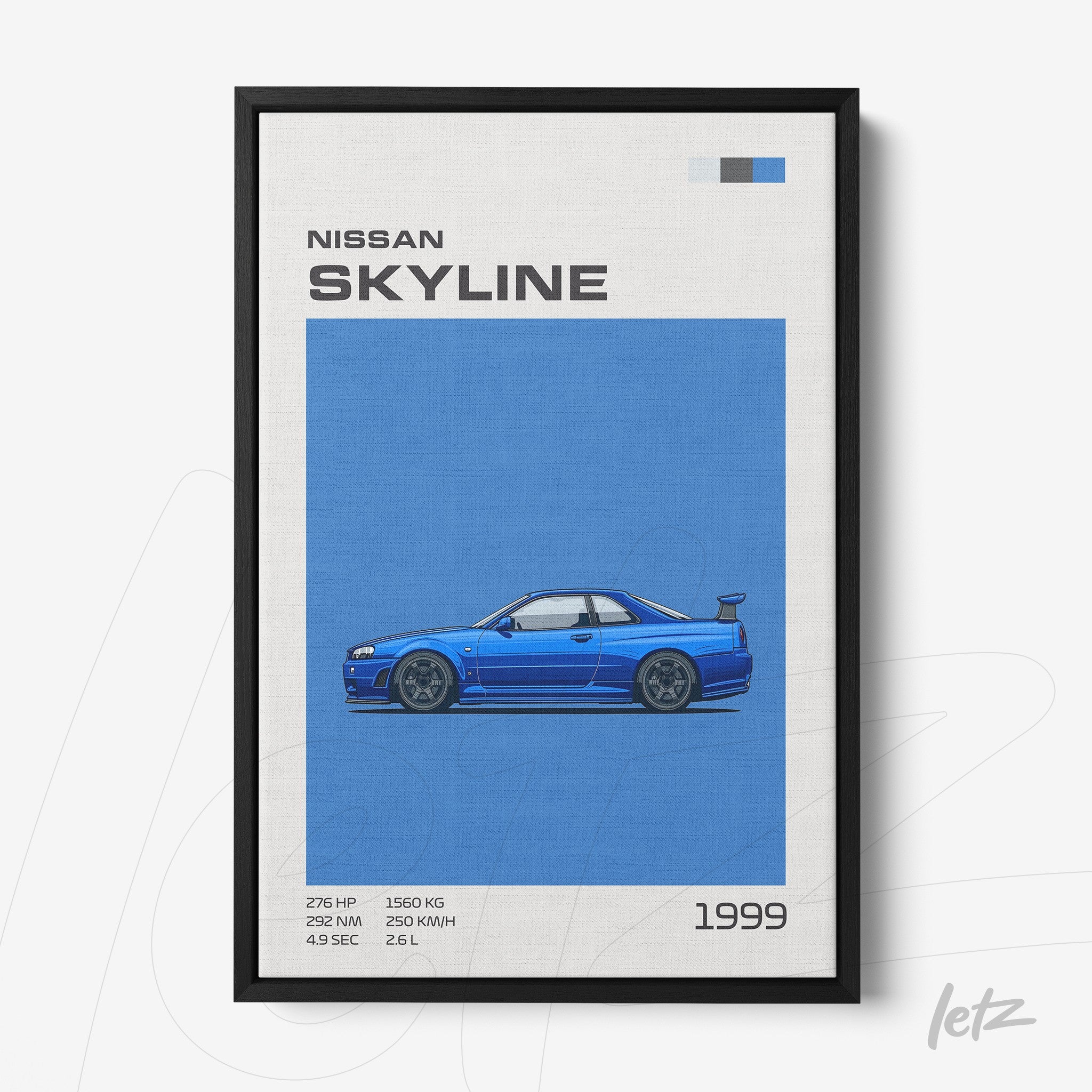 framed digital art of the 1999 Nissan Skyline with a light background and black frame
