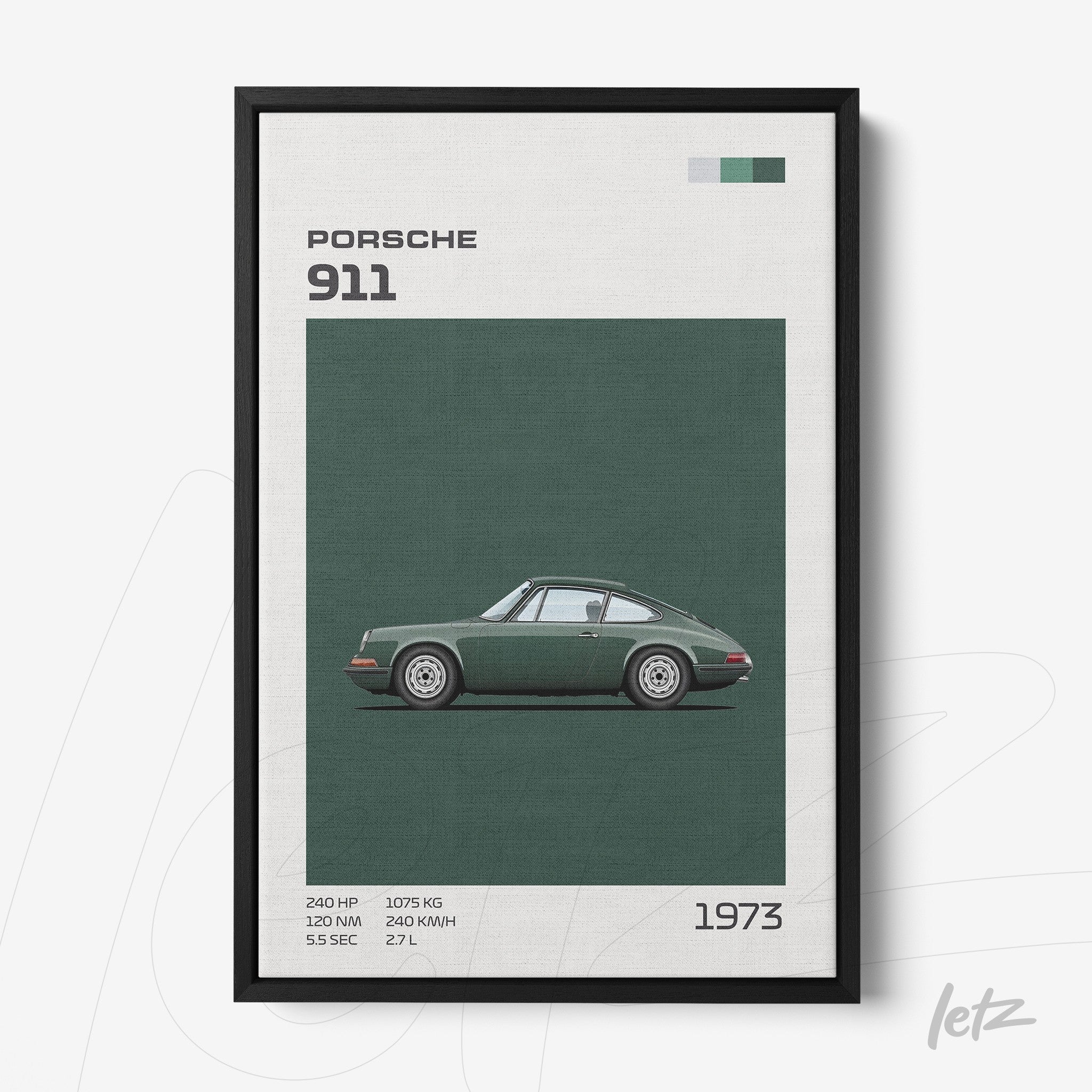 framed wall art featuring a minimalist illustration of a 1973 Porsche 911 in a black frame