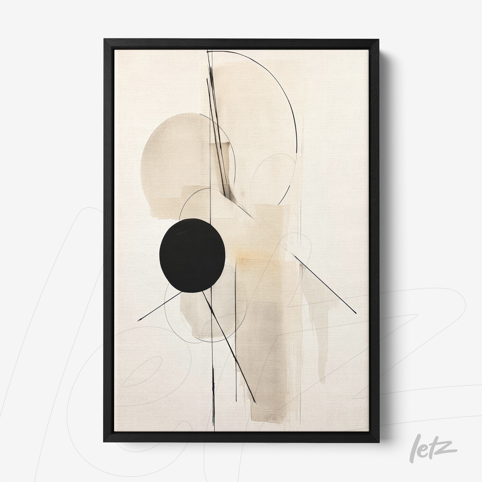 framed abstract artwork in neutral tones featuring geometric shapes with a thin black frame