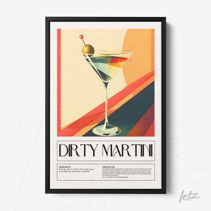 retro style framed art of a dirty martini cocktail with a black frame