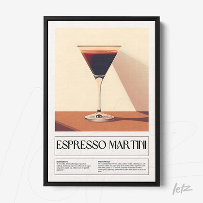 minimalist framed wall art depicting espresso martini cocktail with black frame