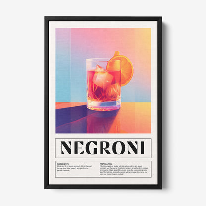 decorative wall art featuring modern illustration of negroni cocktail in black frame