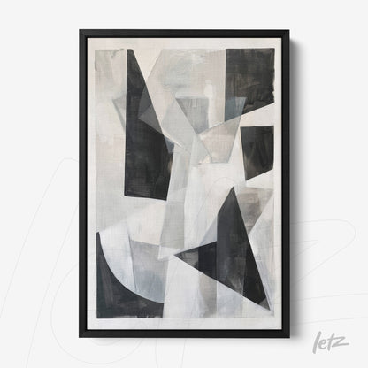 abstract wall art in shades of black and white featuring geometric shapes in a black frame