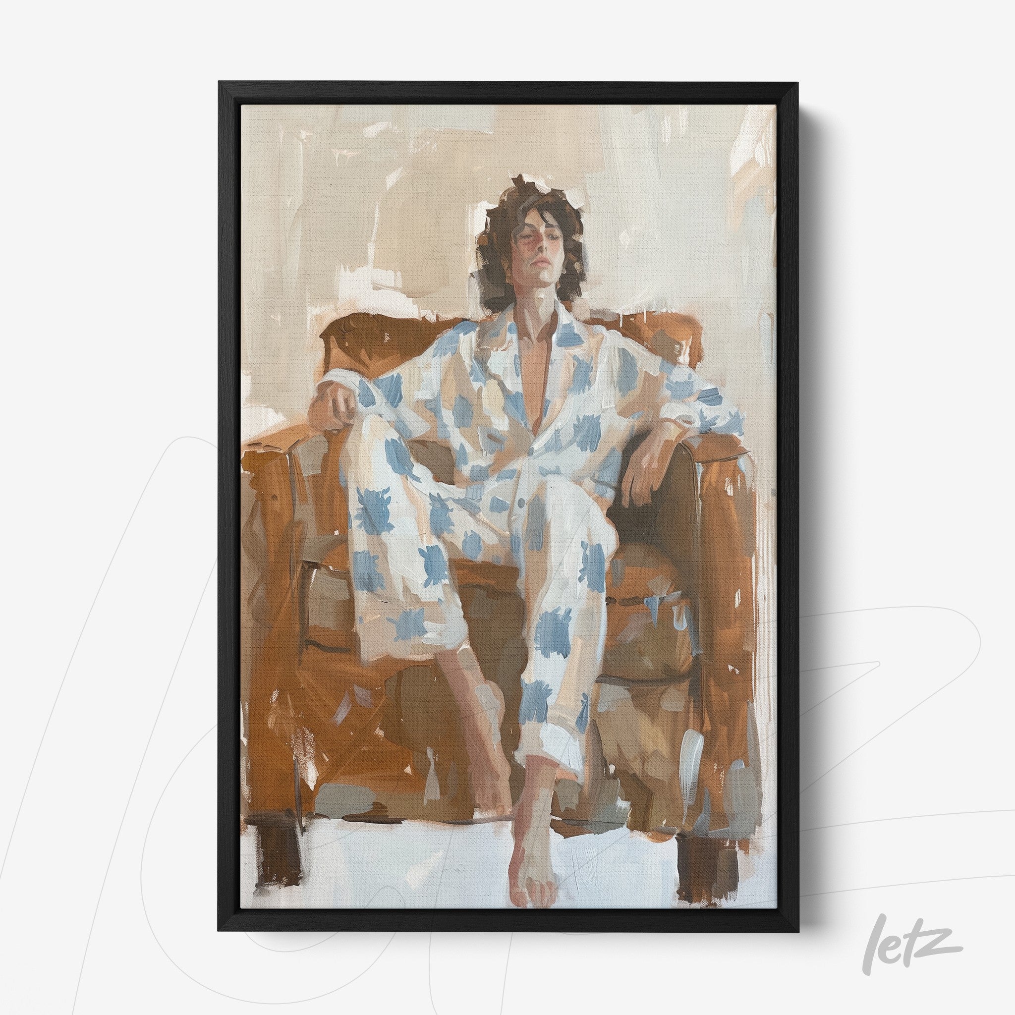 modern painting of a man sitting in a leather chair, wearing a white suit with blue patterns