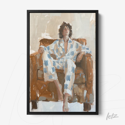 modern painting of a man sitting in a leather chair, wearing a white suit with blue patterns