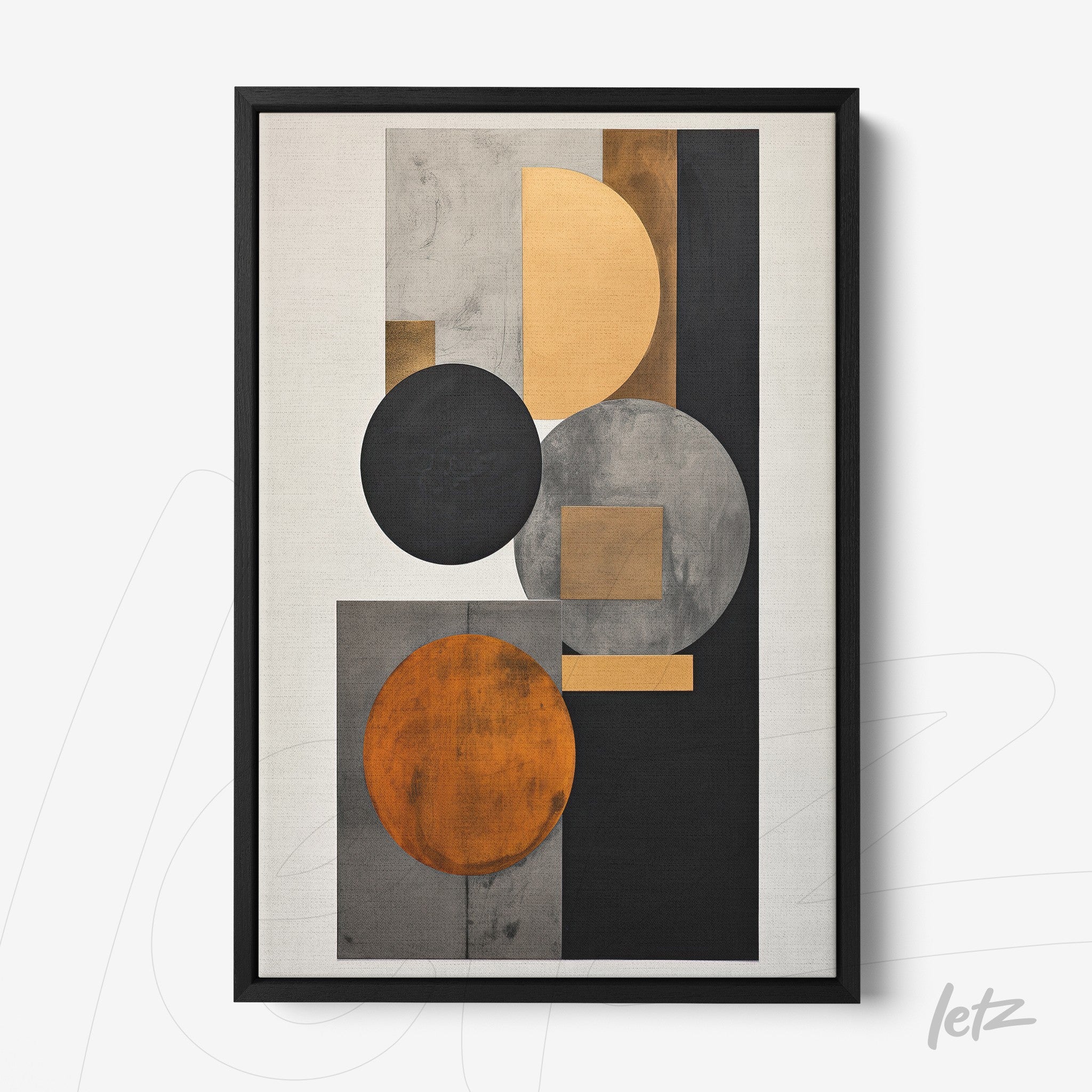 abstract wall art featuring geometric shapes in shades of orange, gray, and black with a black frame