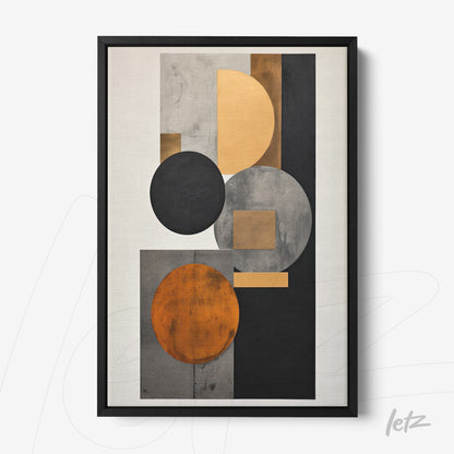 abstract wall art featuring geometric shapes in shades of orange, gray, and black with a black frame