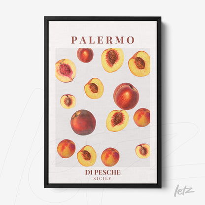framed artwork featuring illustrations of red and yellow peaches on a light background