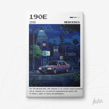pixel art framed wall art of a Mercedes-Benz 190E in a nighttime scene with blue lighting