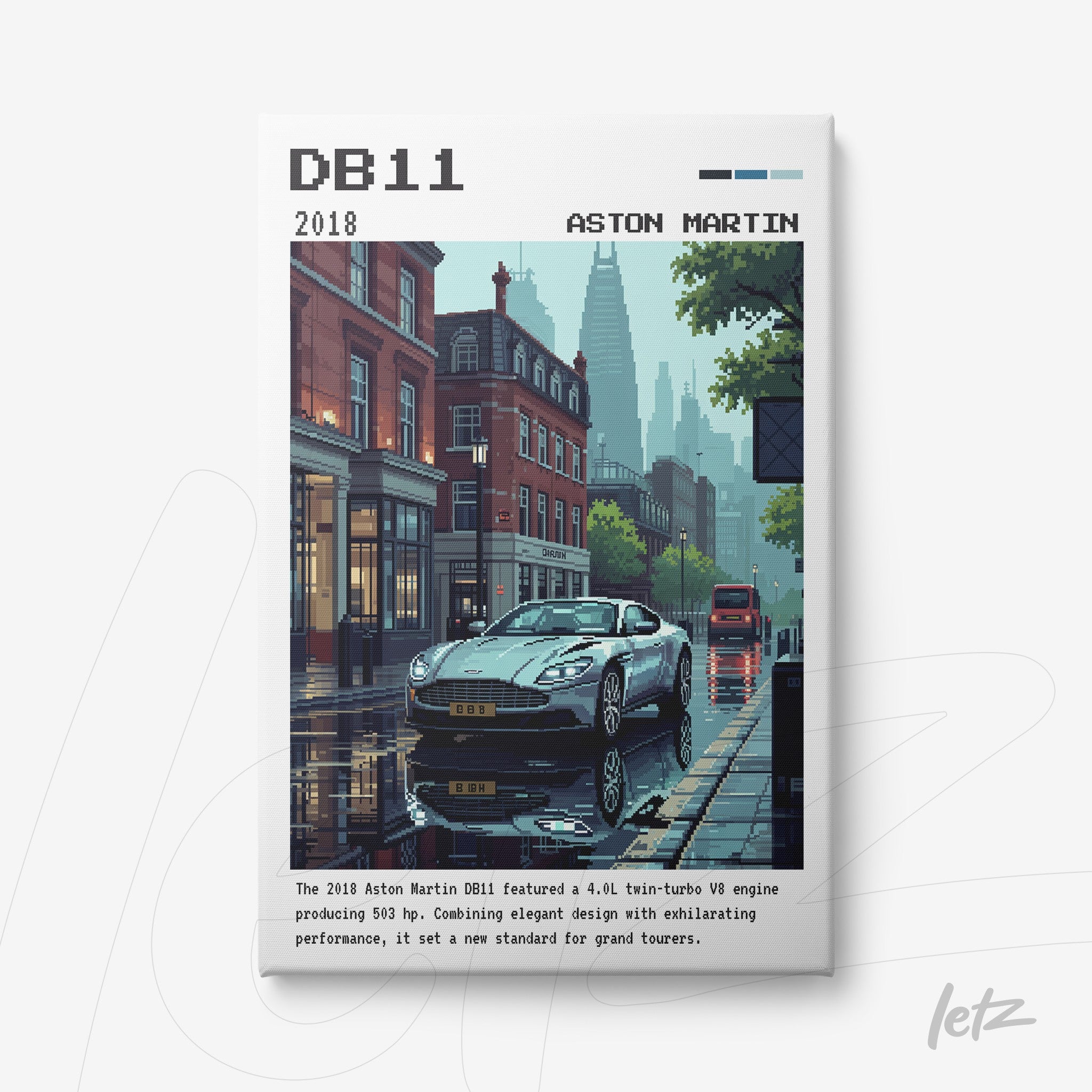 digital art of Aston Martin DB11 sports car in rainy urban scene with buildings in the background