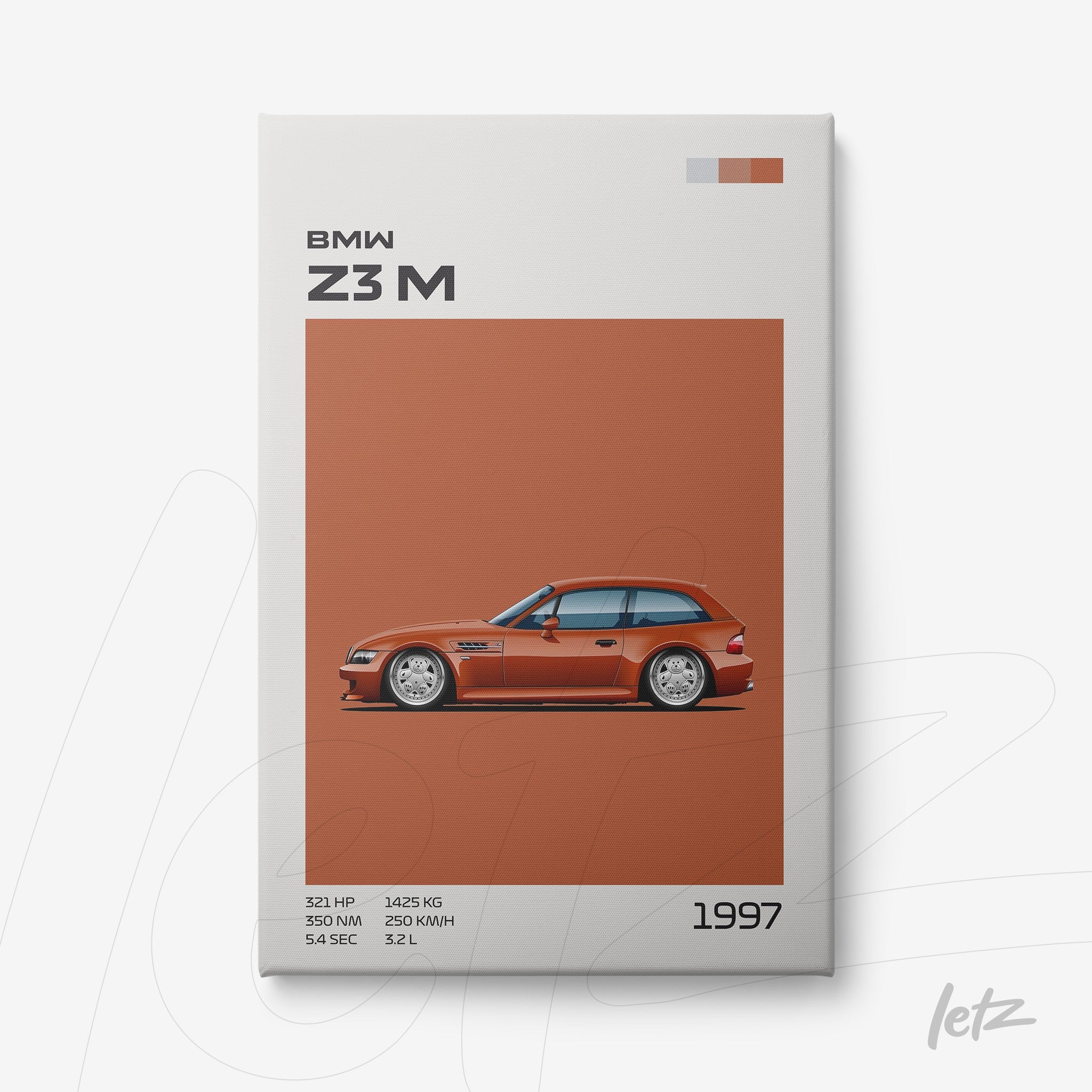 canvas print featuring the BMW Z3 M from 1997 on an orange background with detailed illustrations