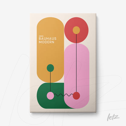 canvas print featuring geometric art in Bauhaus style with vibrant colors on a beige background