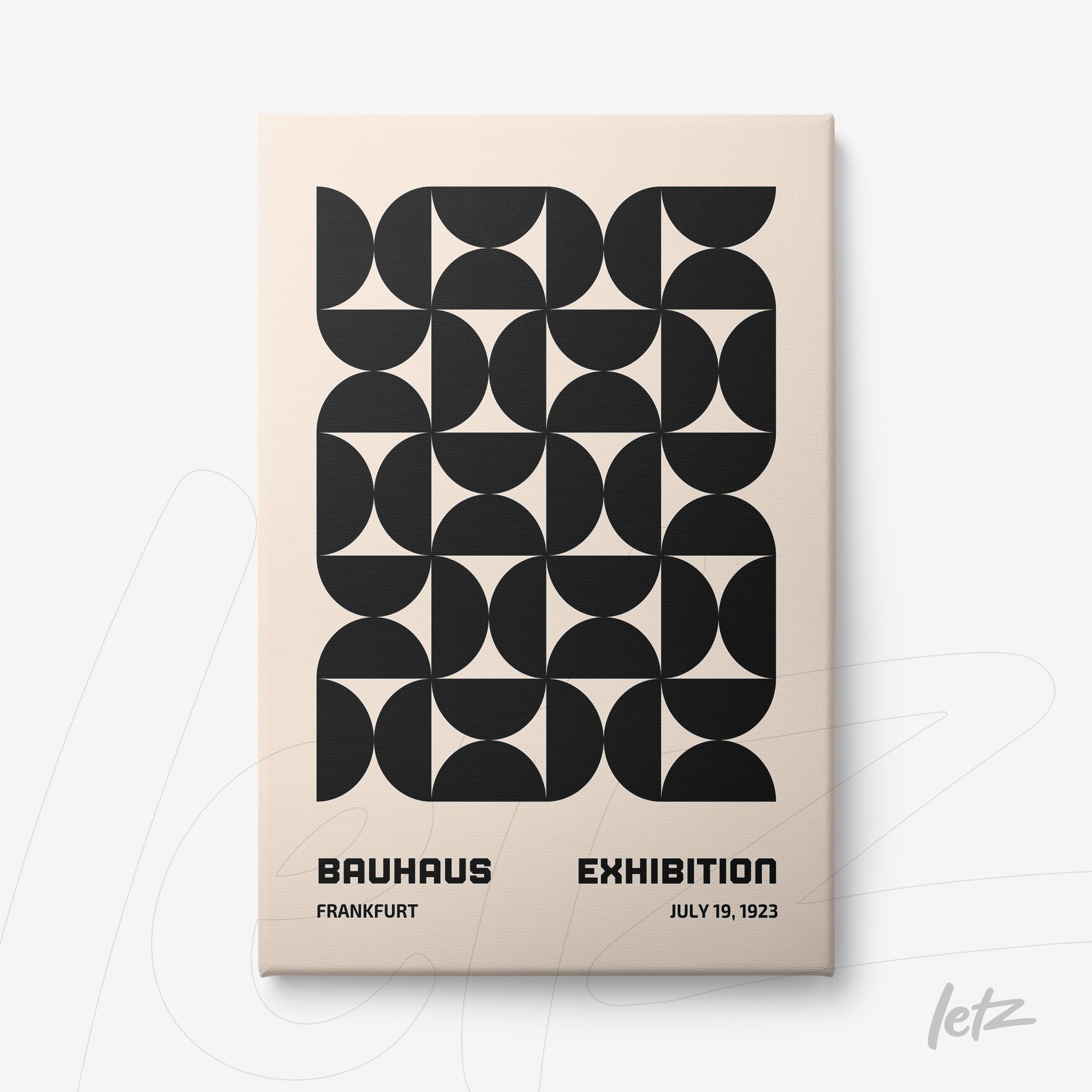 poster featuring geometric black design on beige background with text 'bauhaus exhibition' frankfurt, july 1923