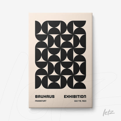 poster featuring geometric black design on beige background with text 'bauhaus exhibition' frankfurt, july 1923