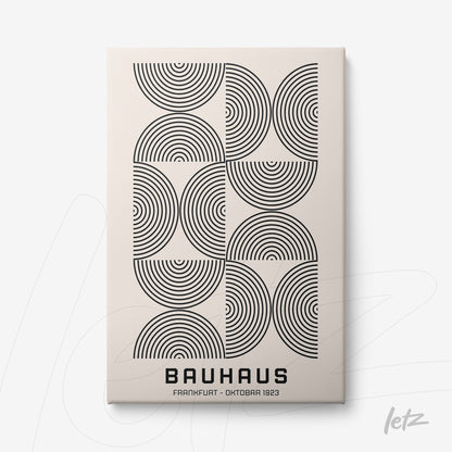 poster print featuring black and white geometric art with concentric semicircles on a cream background, text includes bauhaus frankfurt october 1923