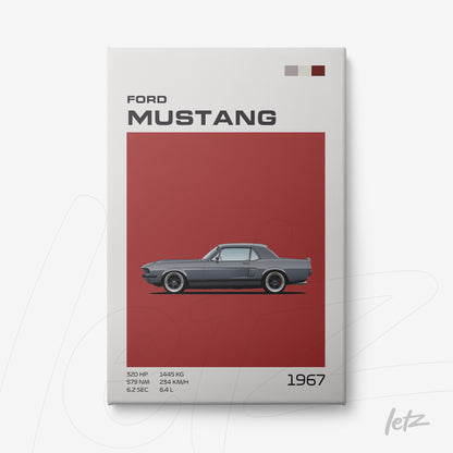 framed illustration of 1967 ford mustang in minimalist style with red background
