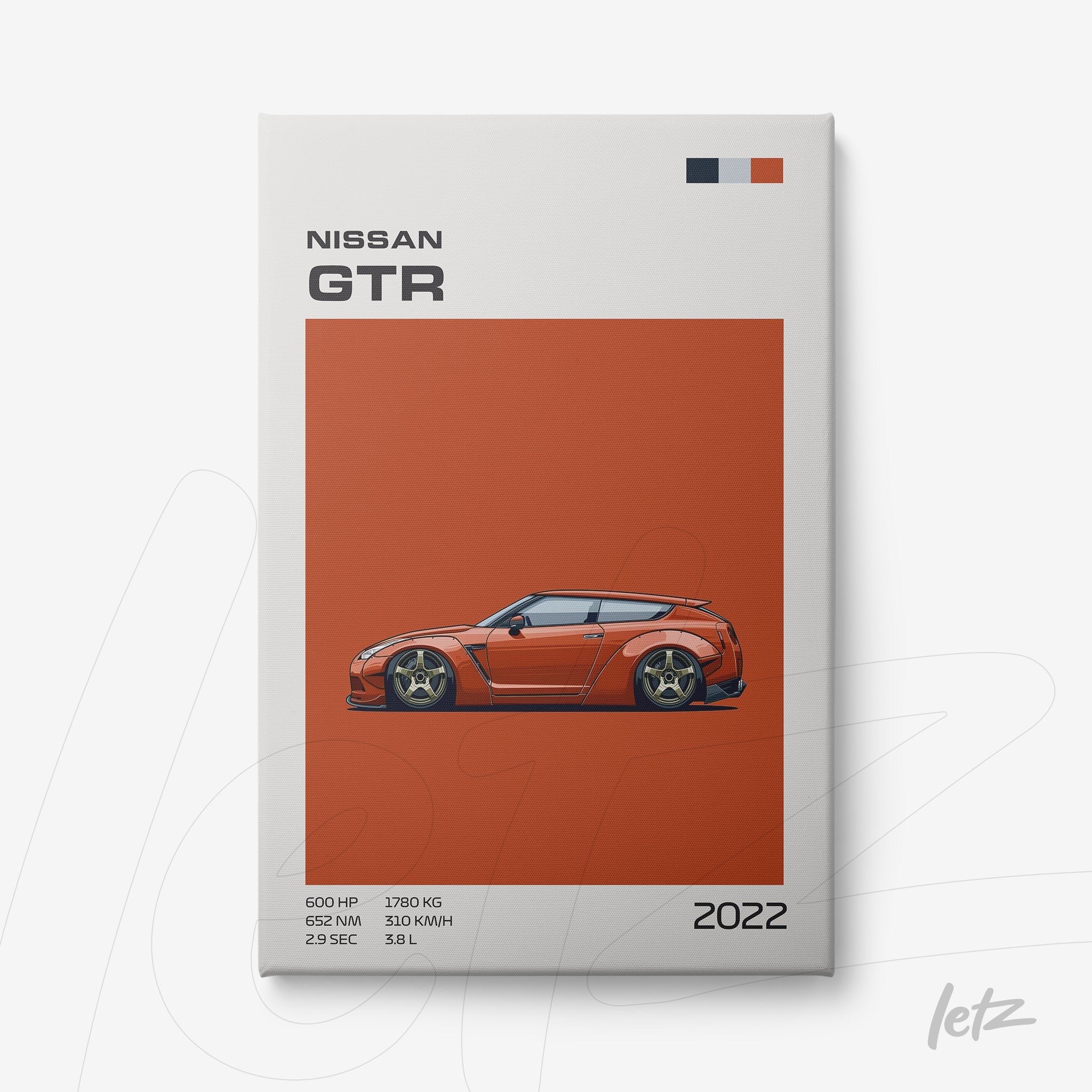 digital illustration of Nissan GTR car on orange background showcasing its specifications