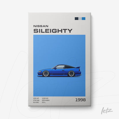 digital art print of the 1998 Nissan Sil80 against a vibrant blue background