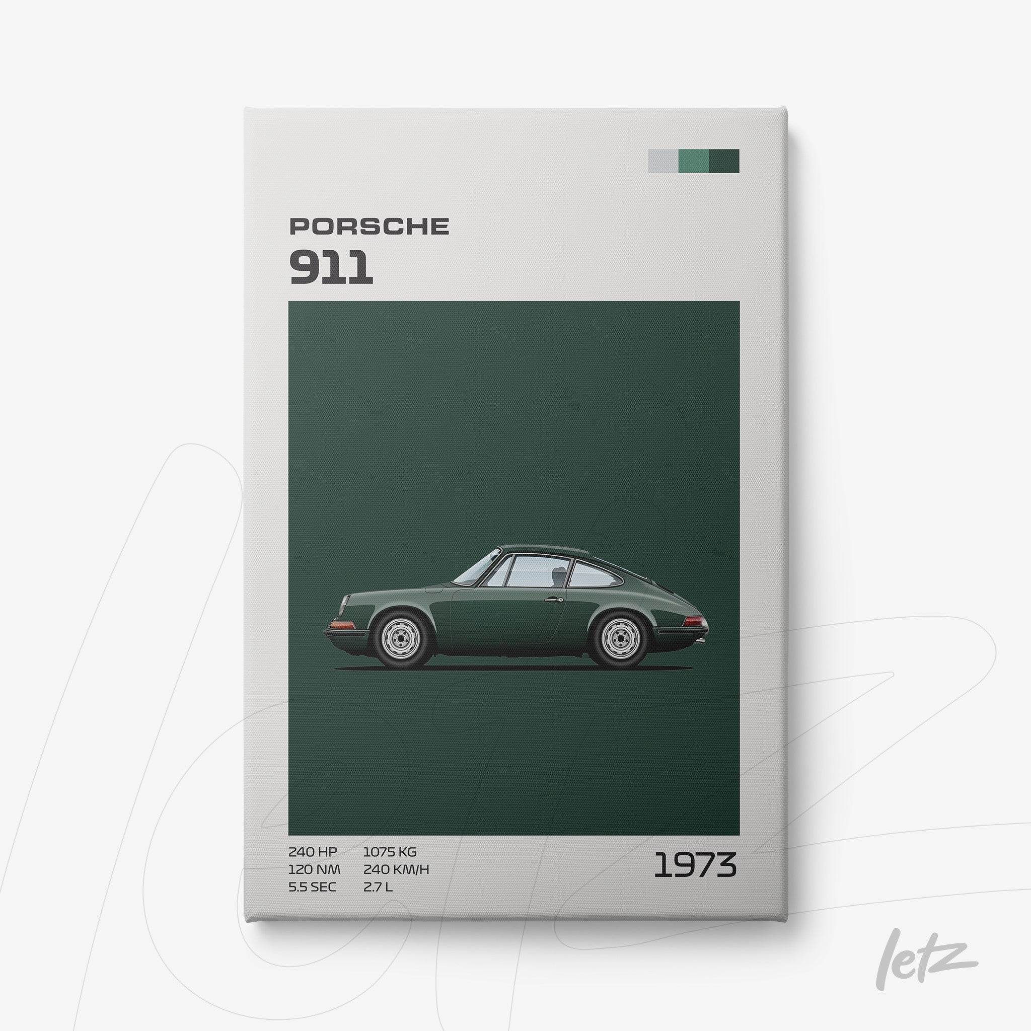 canvas art of a 1973 Porsche 911 in dark green background with white details
