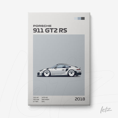 framed art featuring an illustration of a Porsche 911 GT2 RS sports car on a light gray background