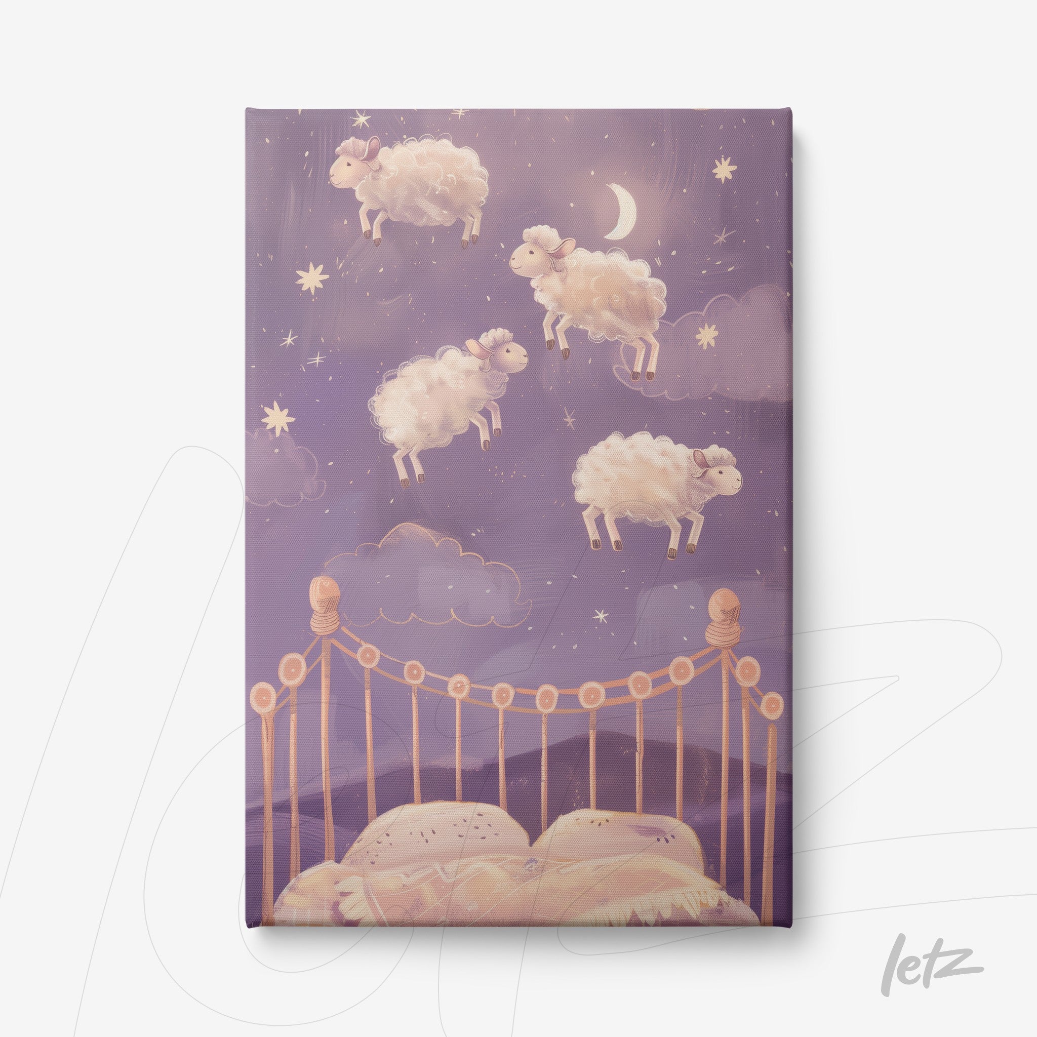 canvas print depicting floating sheep in a starry sky above a softly outlined bed at the bottom