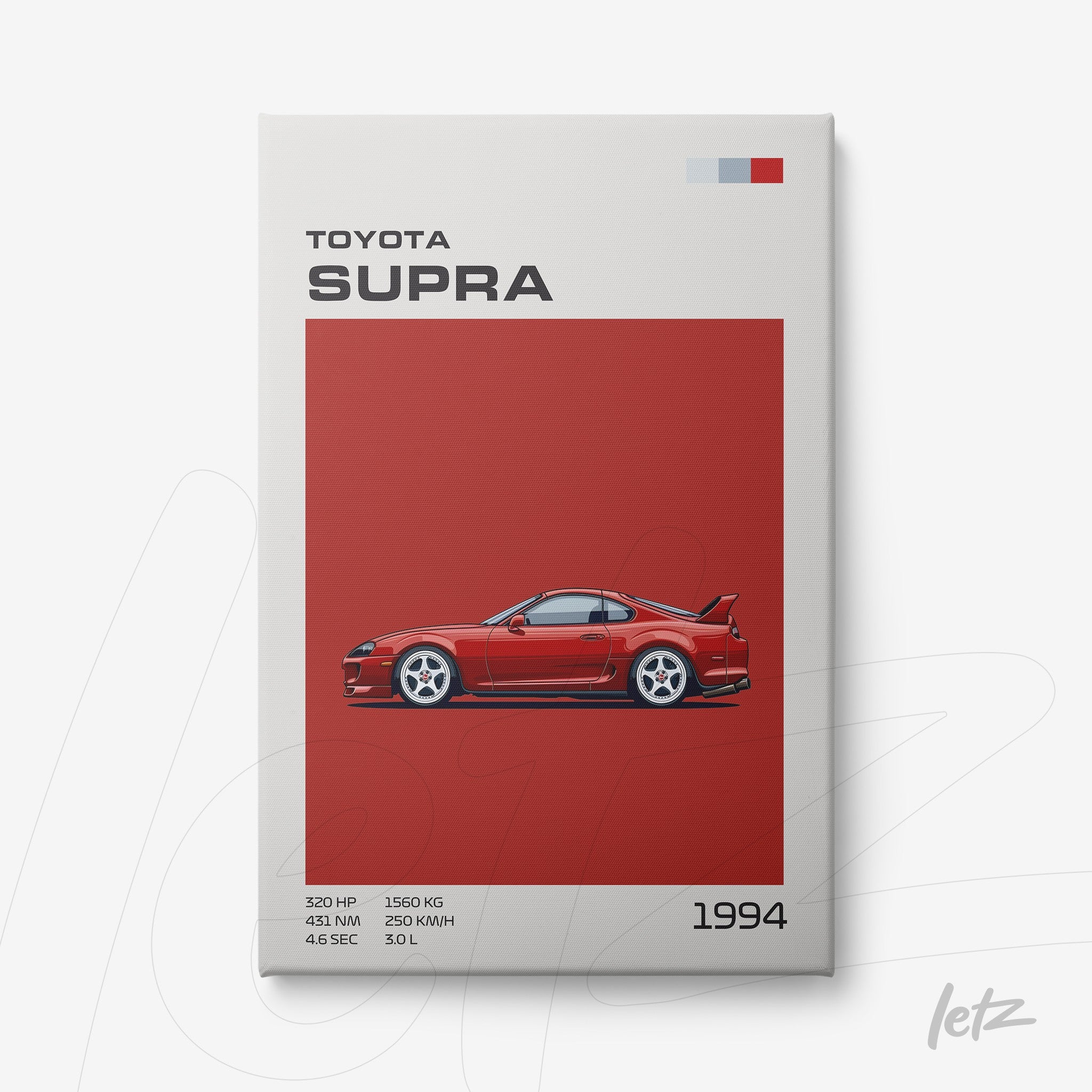 framed wall art of the 1994 Toyota Supra sports car on a red background