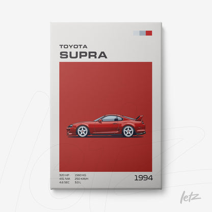 framed wall art of the 1994 Toyota Supra sports car on a red background