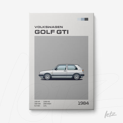 framed illustration of a 1984 Volkswagen Golf GTI on a light gray background