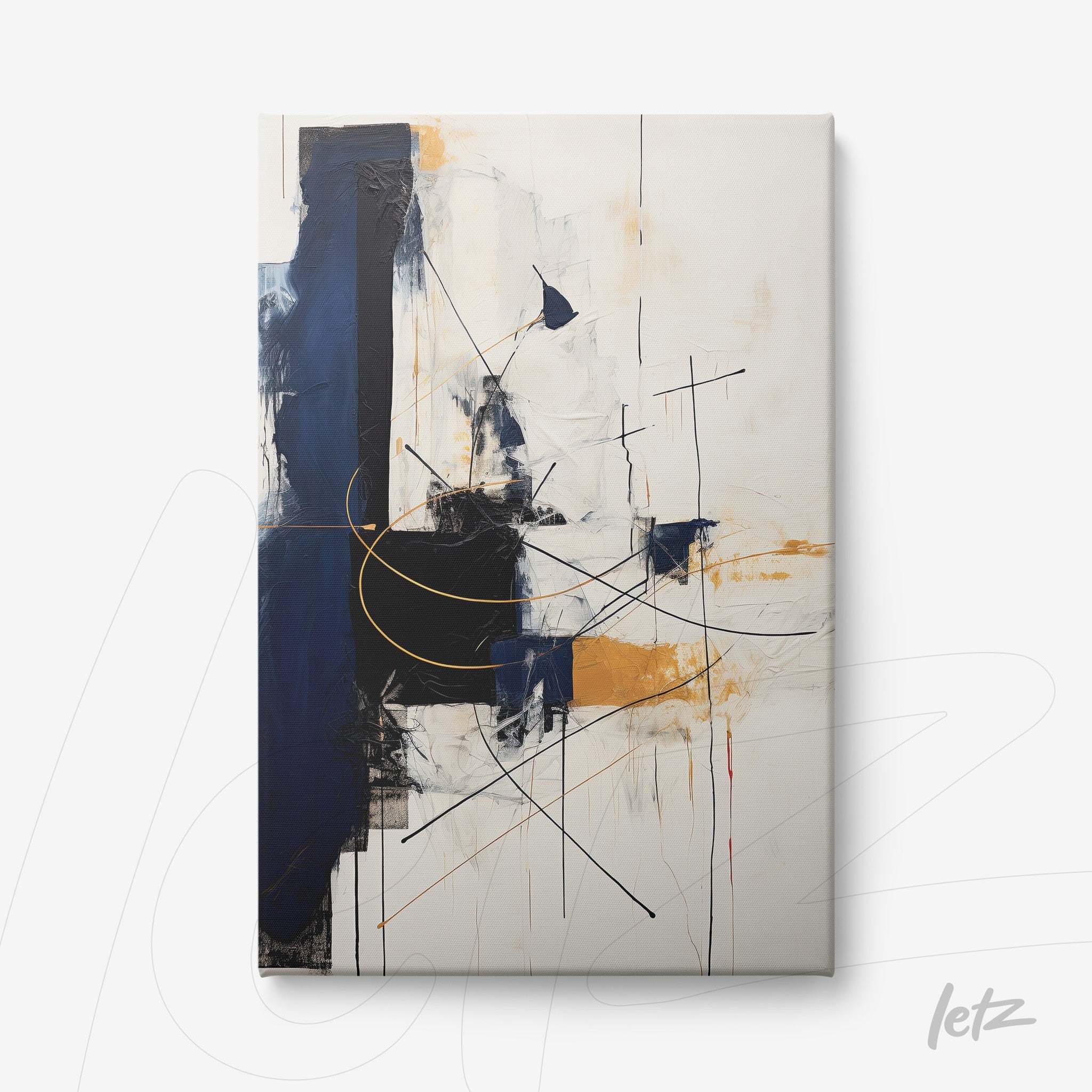 canvas art featuring abstract design in shades of blue and gold, with geometric lines and organic shapes on a light background