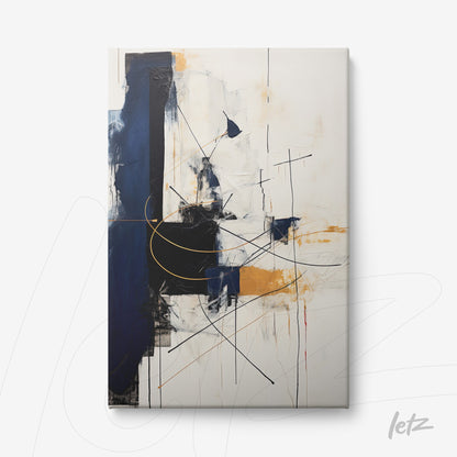 canvas art featuring abstract design in shades of blue and gold, with geometric lines and organic shapes on a light background