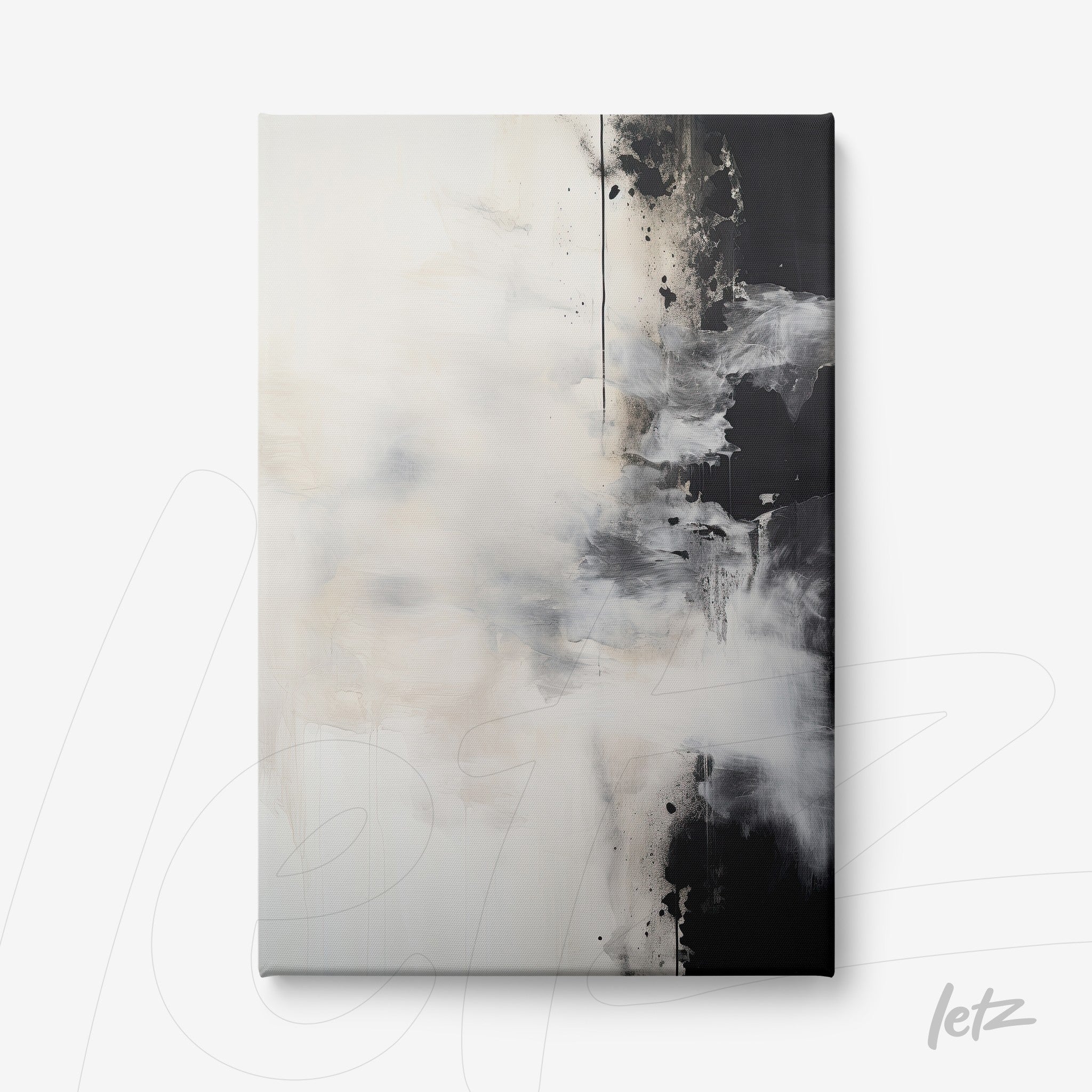 canvas art featuring an abstract design in shades of black, white, and gray with smooth textures