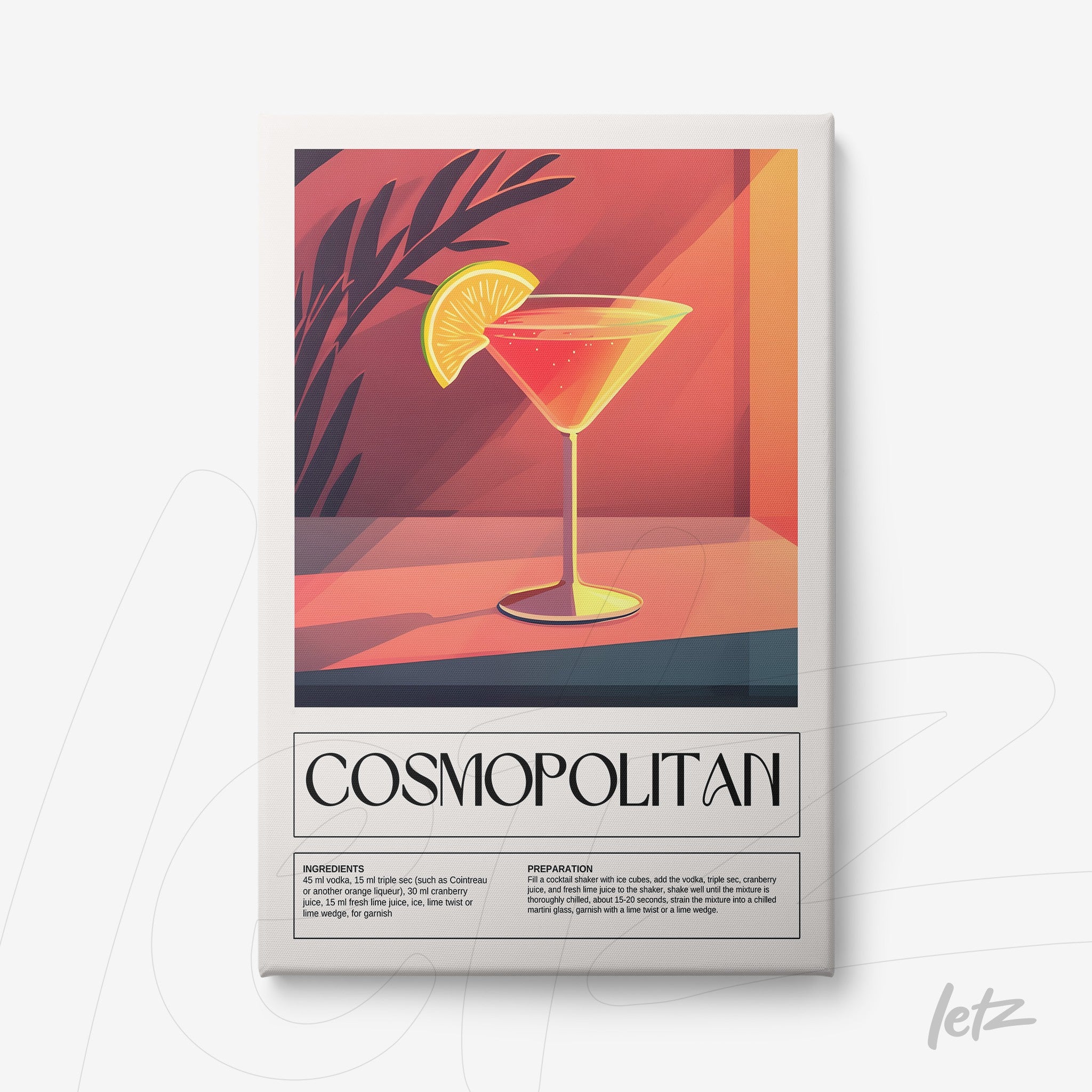 framed wall art featuring a digital illustration of cosmopolitan cocktail with orange shadows in a white frame