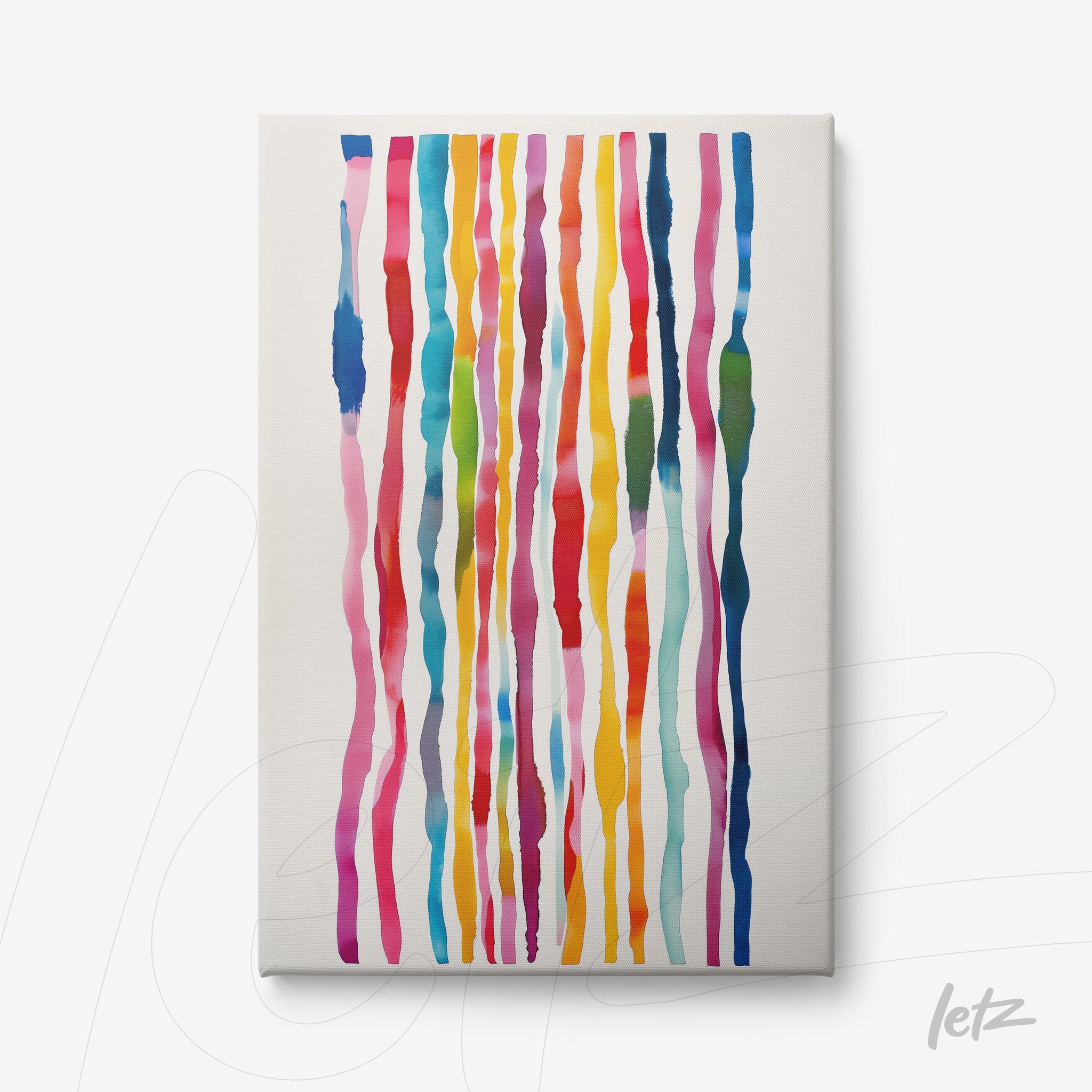 canvas print featuring vertical stripes in shades of pink, blue, orange, and green on a light background