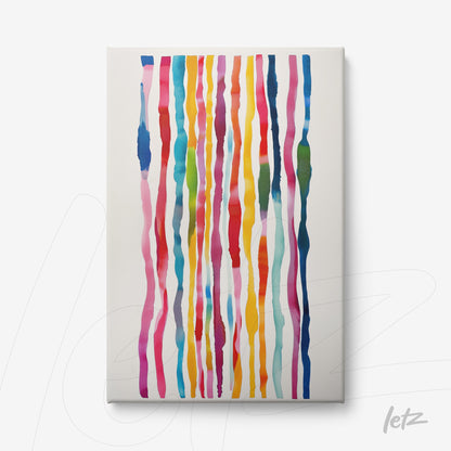 canvas print featuring vertical stripes in shades of pink, blue, orange, and green on a light background