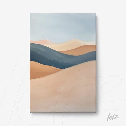 canvas art featuring an abstract desert landscape in shades of blue and terracotta
