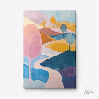 canvas artwork featuring an abstract colorful landscape with trees in shades of pink, blue, and yellow