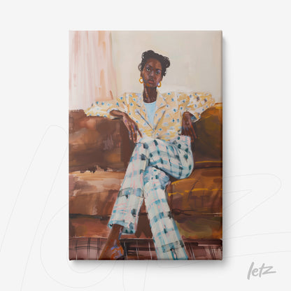 digital art of an African woman sitting on a couch, wearing a yellow floral blazer and checkered pants, with a soft earthy toned background