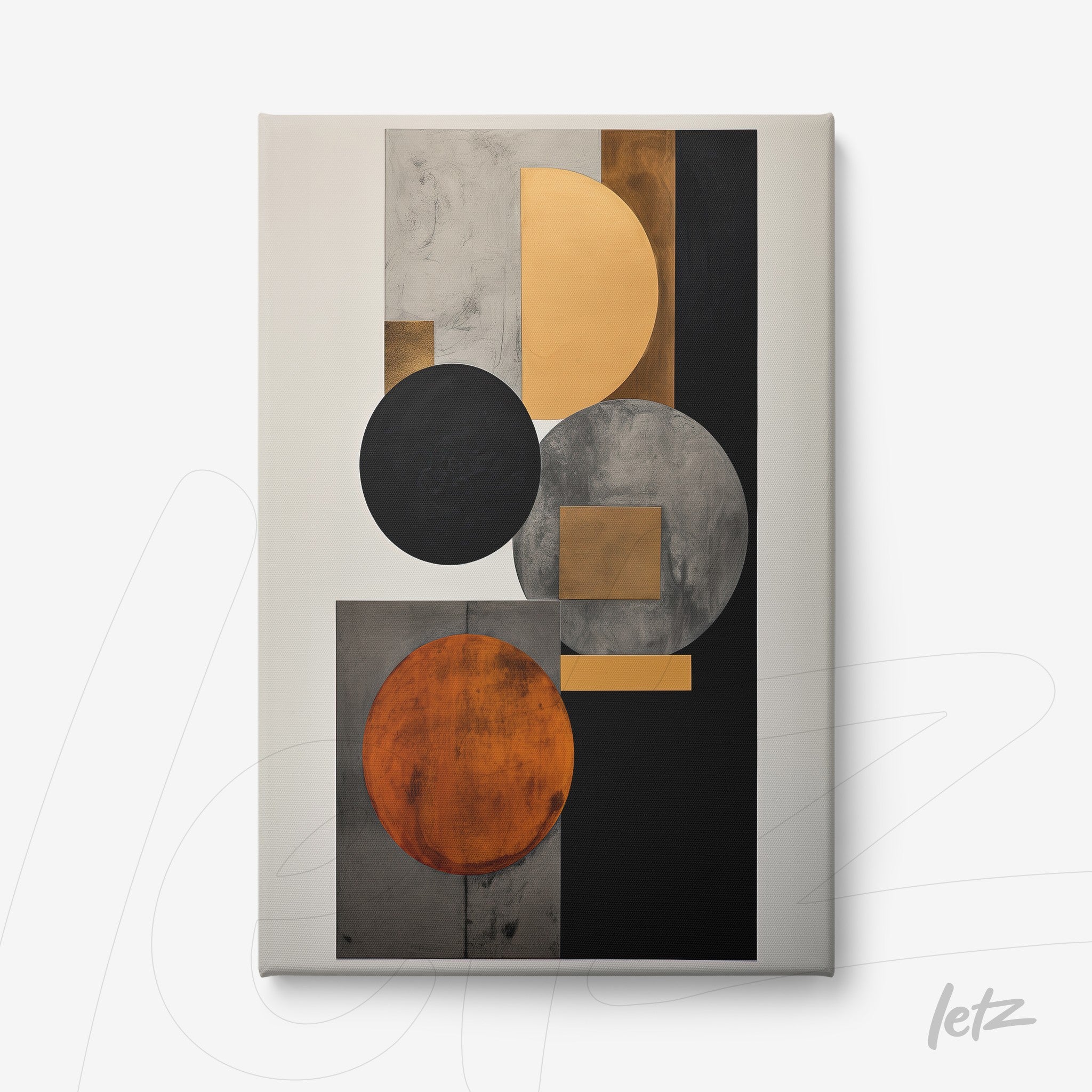 canvas artwork featuring an abstract composition of geometric shapes in black, gray, orange, and gold