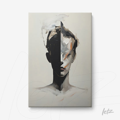 abstract canvas art depicting a human face divided in dark and light shades with loose brush strokes