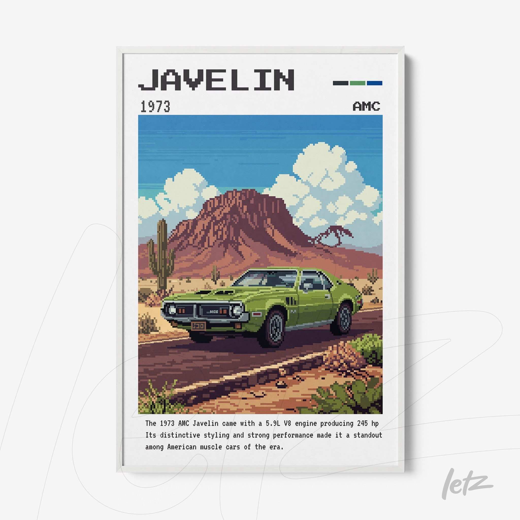 framed pixel art illustration of a green AMC Javelin car in front of red mountains