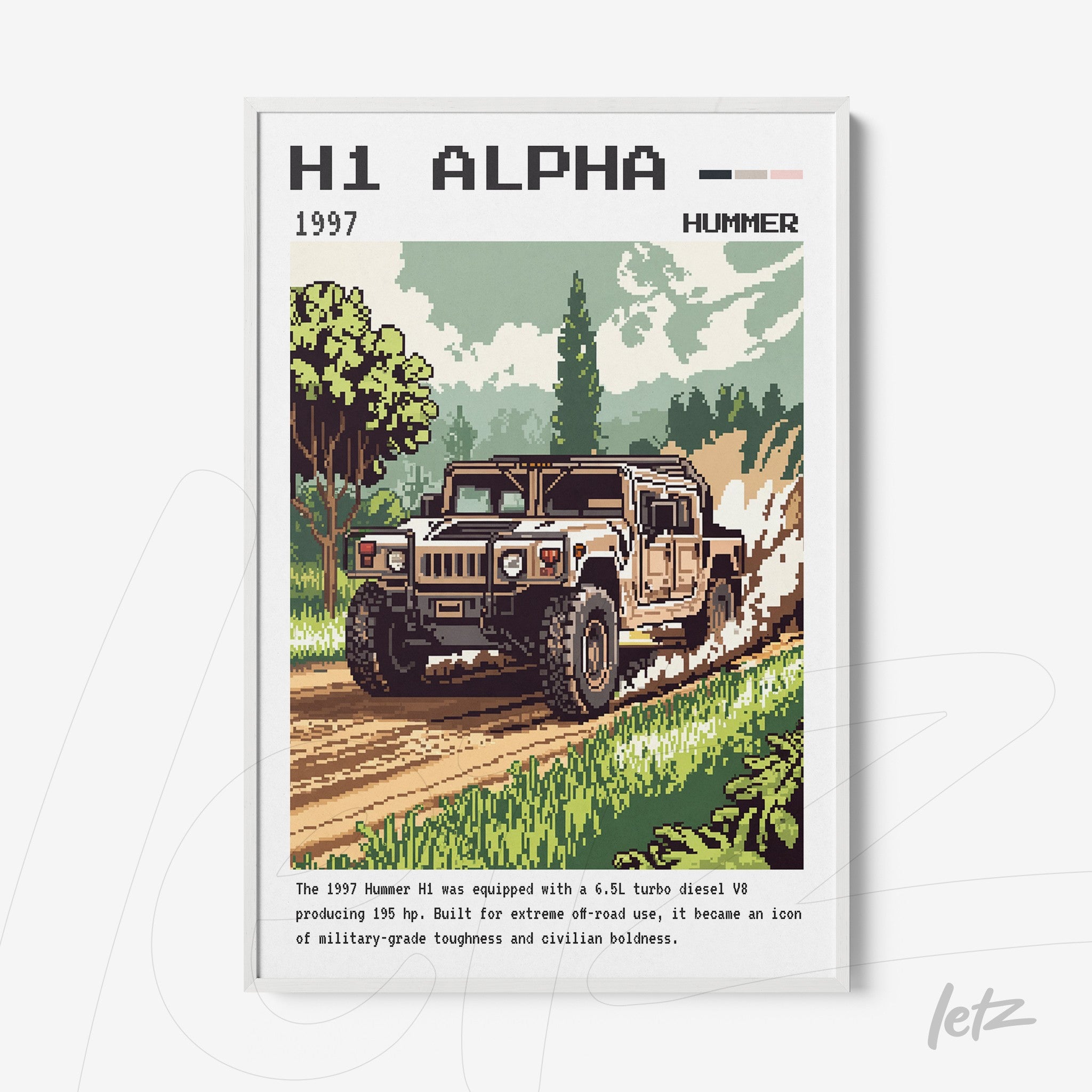 framed artwork featuring retro illustration of the Hummer H1 driving on a dirt road with greenery in the background